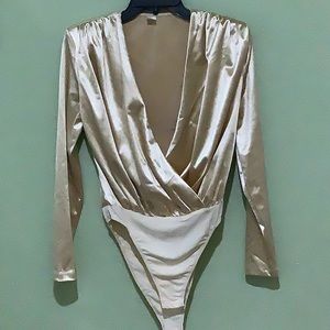Gold tone jersey faux wrap bodysuit deep plunge private label size S women